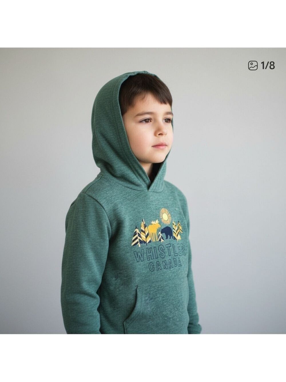 Whistler Mountain Canada Kids Bear & Moose Grey Hooded Long-Sleeve Tee